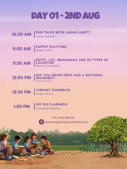 The morning schedule for Day 1 of the Children's Fest, packed with fun tales, puppet playtime, and vibrant scribbles.