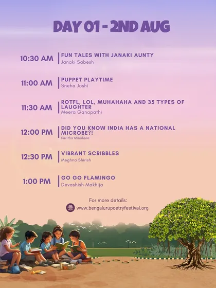 The morning schedule for Day 1 of the Children's Fest, packed with fun tales, puppet playtime, and vibrant scribbles.