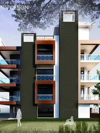 This residential building design showcases a bold, modern aesthetic with contrasting dark panels and cantilevered sections. The design plays with geometric shapes to create a visually interesting structure.