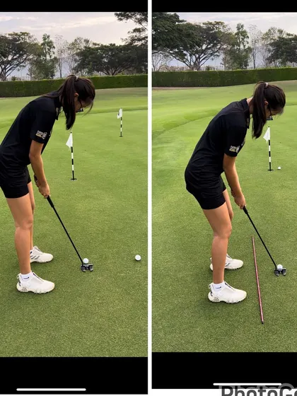 From a different angle, you can see the improved posture and alignment in the putting setup.