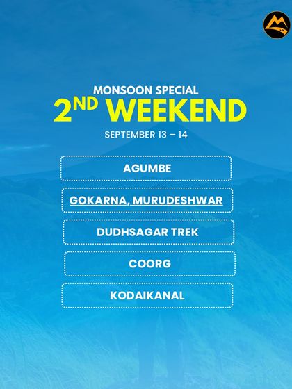 Here's what's planned for the 2nd weekend of September. We're heading to Agumbe, Gokarna, Dudhsagar, Coorg, and Kodaikanal.