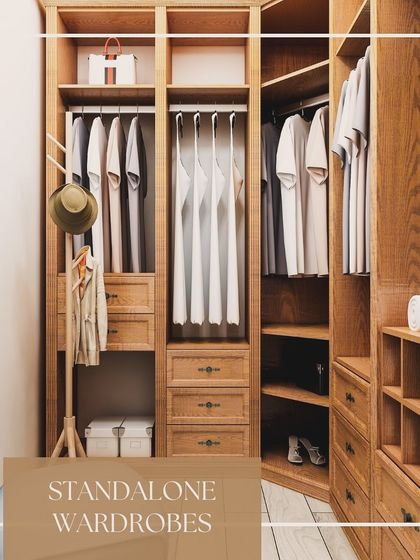 A standalone wardrobe offers flexibility and style. This open-concept wooden wardrobe provides ample hanging and drawer space while serving as a beautiful furniture piece in its own right.