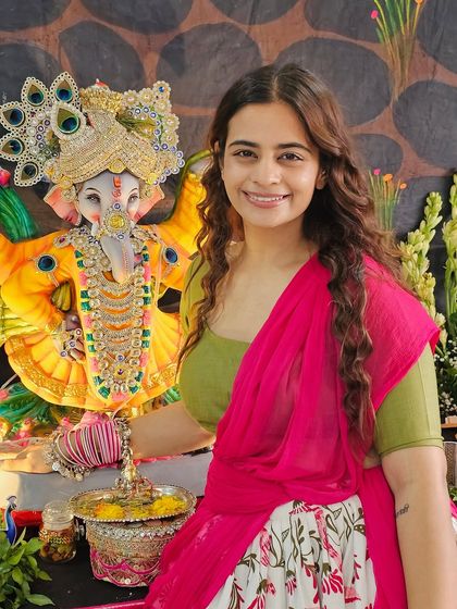 A close-up of my festive look. The combination of a simple, well-fitted blouse and a printed, flared skirt is a go-to formula for a balanced and beautiful ethnic outfit.