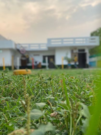 A low-angle view of our big, spacious playground before the grass was fully grown. I'm dedicated to creating the best possible play area.