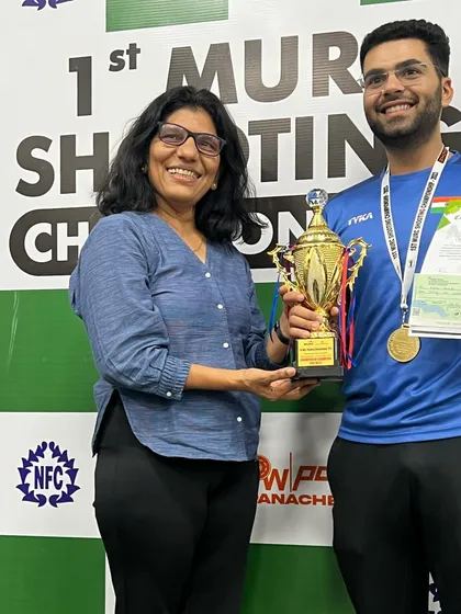 A moment of pride at our 1st MURC Shooting Championship. We were honored to have Olympian and coach Ms. Deepali Deshpande present the 'Champion of Champions' trophy to winner Arjun Babuta.