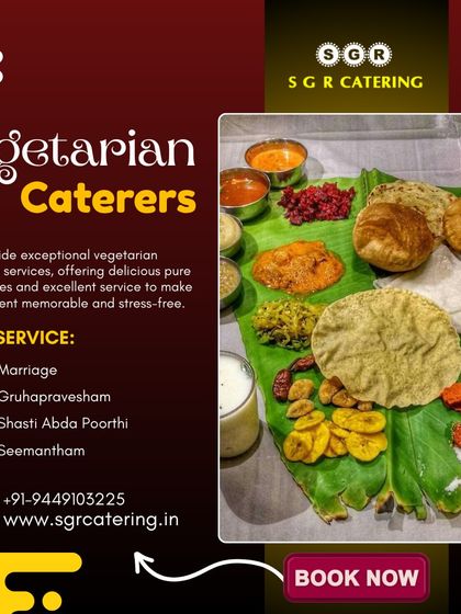 We provide exceptional vegetarian catering services, offering delicious pure veg dishes for marriage, gruhapravesham, and seemantham. This image shows a classic banana leaf meal.