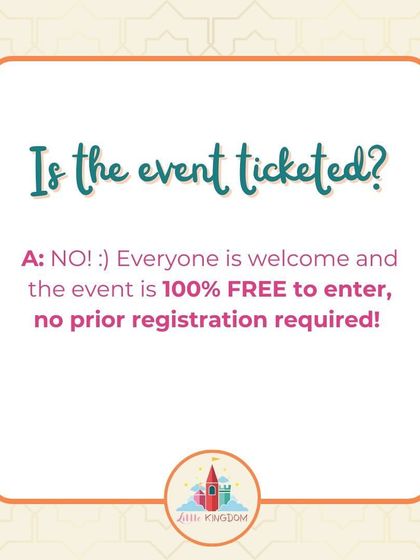 An FAQ graphic confirming that the event is 100% free to enter with no prior registration required.