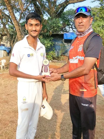 Harsh Salunkhe awarded 'Man of the Match' for his outstanding all-round performance, scoring 97 runs and taking 2 wickets in the U-17 Power Cricket Championship.