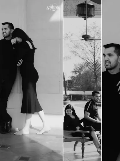A black and white collage showcasing different moments from a stylish, architectural shoot. It highlights their interactions and the beauty of the location in a dynamic way.