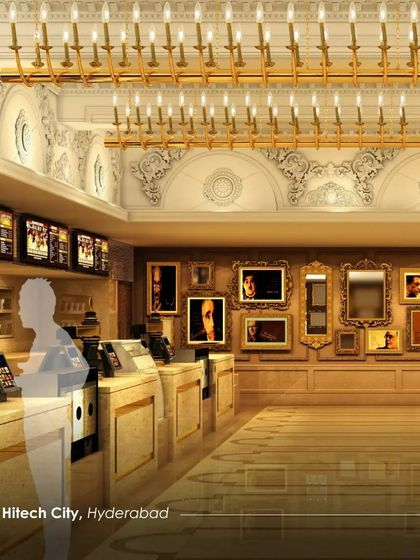 A collage showcasing our expertise in theatre design, with over 40 cinemas designed pan-India. It highlights key design features like acoustics, lighting, and context.