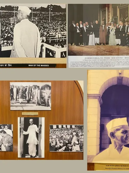 A collection of photographs showing Lal Bahadur Shastri as a "Man of the Masses" and at a Commonwealth Prime Ministers' meeting. The memorial presents him as both a relatable public figure and a statesman on the world stage.
