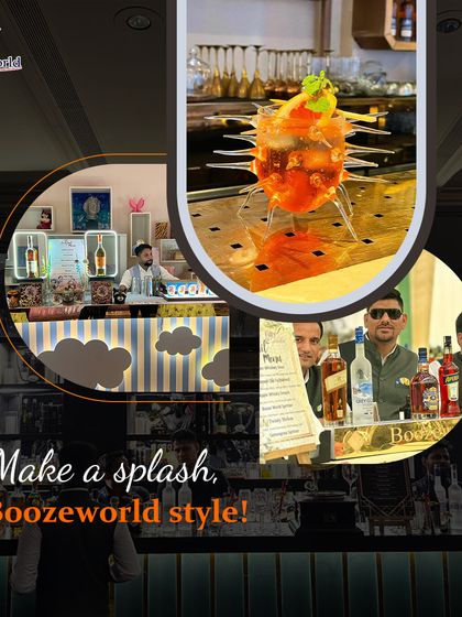 Make a splash, Boozeworld style! This collage shows our unique bar setups and creative cocktails, promising to make your party one to remember.