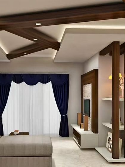 In this living room, we used a wooden partition to create a visual separation while maintaining an open feel. The design is complemented by a simple, low-profile TV unit and a striking wooden beam false ceiling design.