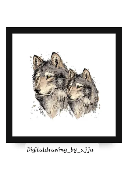 A digital watercolor sketch of two wolves, representing loyalty and connection. This piece is available as a framed print.