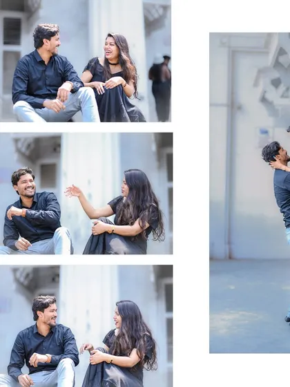 A collage showing a mix of playful, candid interactions and a romantic lift, capturing the dynamic energy of the couple.