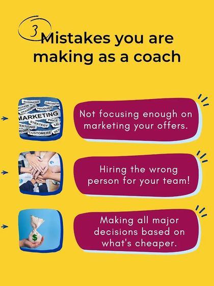 Having worked with many coaches, I've seen the same mistakes happen over and over. This graphic highlights three major pitfalls, from poor marketing to hiring the wrong team, to help new coaches avoid them.