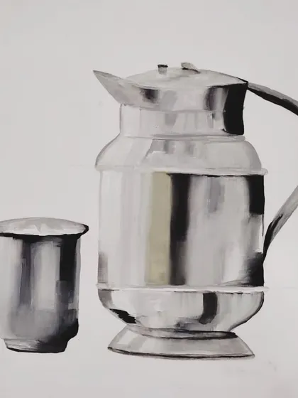 This artwork shows a strong grasp of shape and tonal value in rendering steel objects, a key skill we teach in our exam preparation batches.