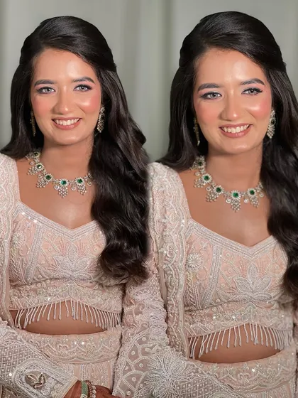 A dual-panel image showing the bride's bright and happy smile.