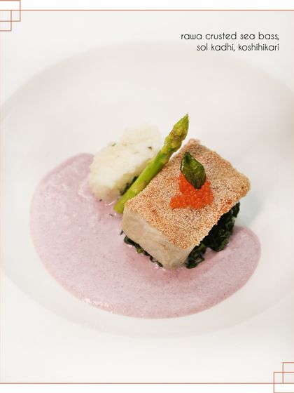 Our rawa-crusted sea bass is served with a delicate sol kadhi sauce and a side of Koshihikari rice. The semolina crust provides a perfect crunch against the flaky fish.