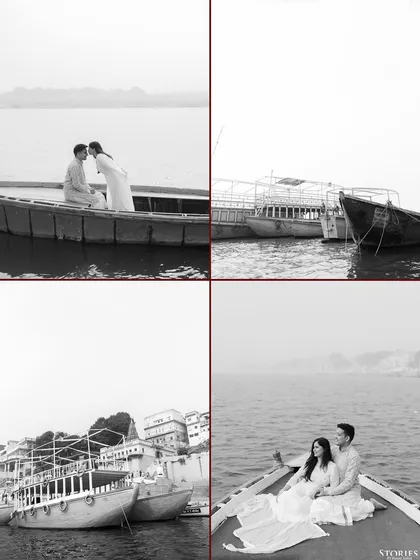 A collage of the couple on a boat, showcasing the serene and expansive feel of the river.