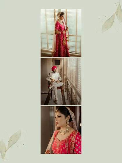 A collage of the bride and groom's individual portraits, capturing them in moments of quiet contemplation before the ceremony.