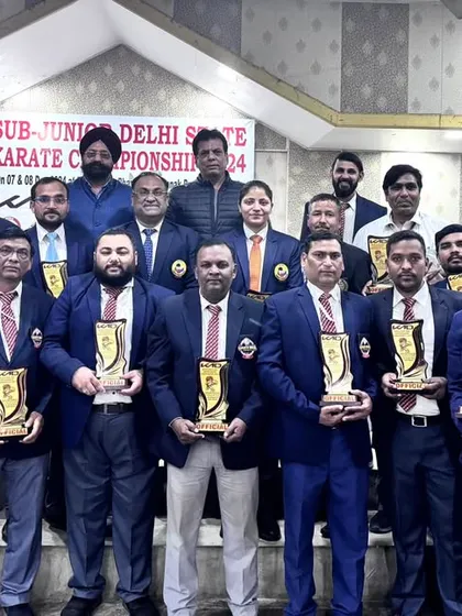 With the dedicated referees and officials of the Delhi State Sub Junior Karate Championship. A successful event is impossible without a skilled and fair technical team.
