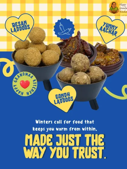 Our winter essentials, Gondh Laddoos and Besan Laddoos, are made with pure ghee to keep you warm. We pair them with our tangy homemade achaar for a perfect combination of sweet and savoury Marwadi flavours.