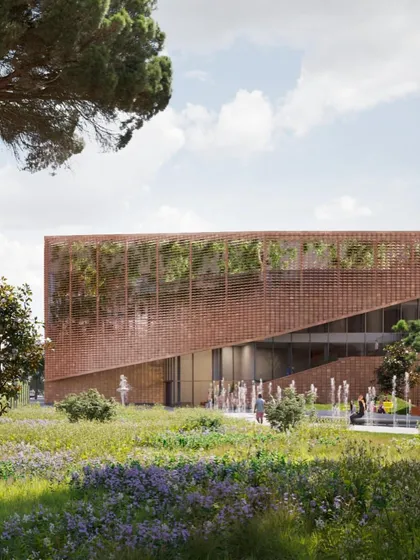 For the MAXXI Multifunctional Building in Rome, my design integrates with the existing museum's curvilinear forms while championing a circular economy. This view shows the building's relationship with the reconfigured landscape, creating a vibrant, interactive urban space.