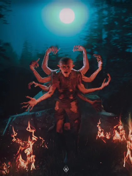 I designed this multi-armed creature as an interpretation of immense power and chaos. The model was sculpted to show strained musculature and aggression, set against a moonlit forest with ritualistic fires. This demonstrates my ability to create complex, mythological beings for high-fantasy or horror games and films.