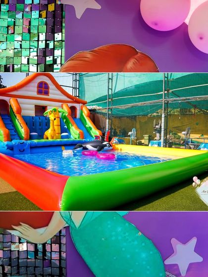 An overview of the pool setup for the mermaid party, featuring a large inflatable house slide. I ensure that the play areas are just as exciting as the decor.