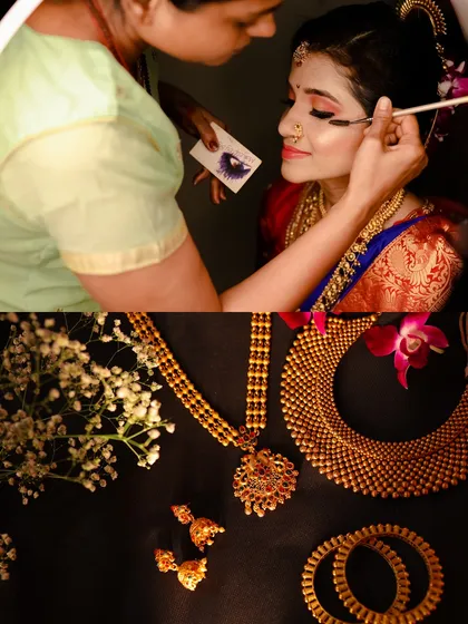 Documenting the final touches of bridal makeup and a flat lay of the stunning gold jewellery. These detail shots are essential for telling the full wedding story.