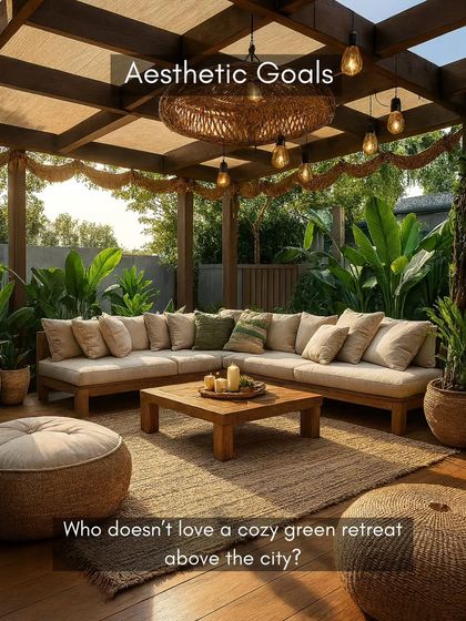 We help you achieve your aesthetic goals. This cozy, bohemian-style terrace with a large sectional sofa and lush plants is the perfect example of a green retreat above the city.