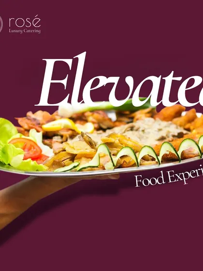 "Elevated Food Experience." A server's arm presents a platter of food, symbolizing our role in lifting your event from a simple meal to a memorable culinary journey.