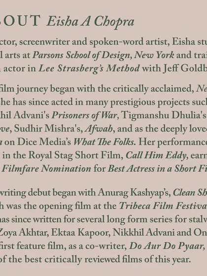 Meet your instructor, Eisha Chopra. An accomplished actor, screenwriter, and spoken-word artist, Eisha brings a wealth of experience to help guide you on your writing journey.