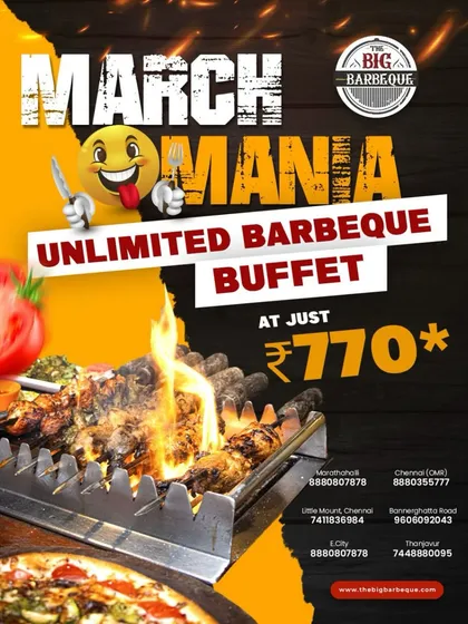 March Mania is here and it's smokin' hot. Get our unlimited barbeque buffet for just ₹770 and bring your biggest appetite.