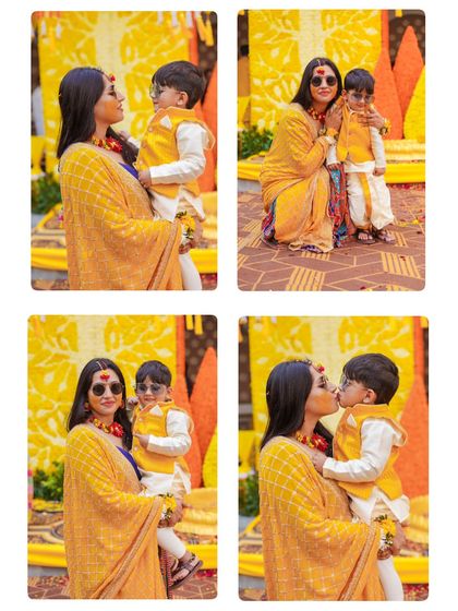 A heartwarming photo collage capturing tender moments between a mother and her son during a Haldi ceremony. These candid shots celebrate family love and connection amidst the wedding festivities.