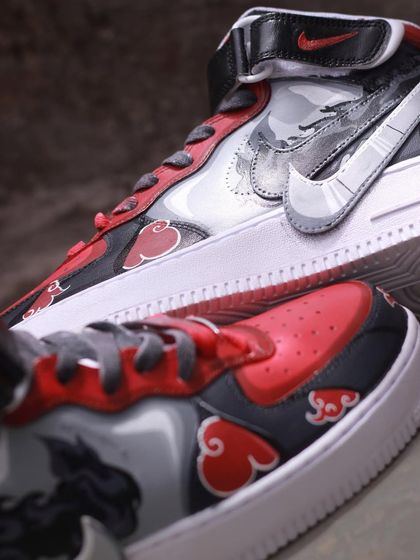 A close up of the swoosh detail on the Itachi custom AF1s, which I painted with a pattern inspired by his Mangekyo Sharingan.