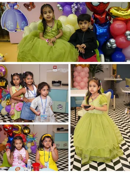 A collage of birthday glimpses, showing the birthday girl and her friends dressed up and having a wonderful time. These are the happy, candid moments that make a party special.