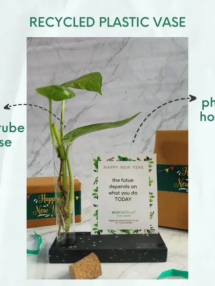 Our recycled plastic vase and photo holder, featured as part of our New Year gift hamper. It’s a gift that carries a message of hope and sustainability for the future.