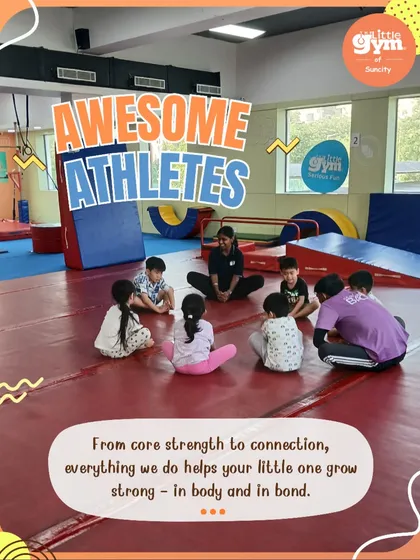 Our classes always include moments for connection. Here, a group of preschoolers sits with their coach, engaging in a group activity that fosters listening and social skills.