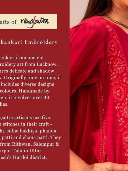 This graphic explains the art of Chikankari embroidery, a timeless craft from Lucknow. Our Haveli collection features five main stitches, all handcrafted by women artisans in Uttar Pradesh.