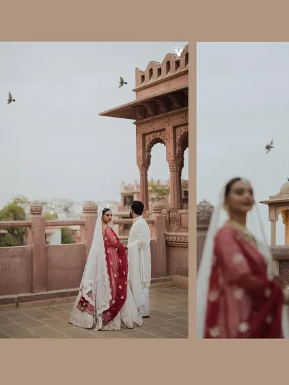 A collage showing the couple amidst the architectural beauty of Jodhpur. The presence of flying birds adds a dynamic and poetic element to their portraits.