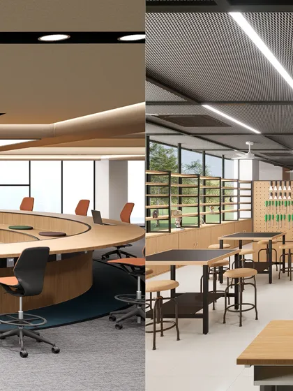 A split image showing a formal conference room and a hands-on maker's lab at Heritage Xperiential Learning School. This highlights our ability to design diverse spaces that cater to different learning modes within a single institution.