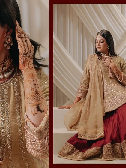 A diptych of Shreya's Sufi night look, highlighting the rich textures of her outfit and her intricate henna design.