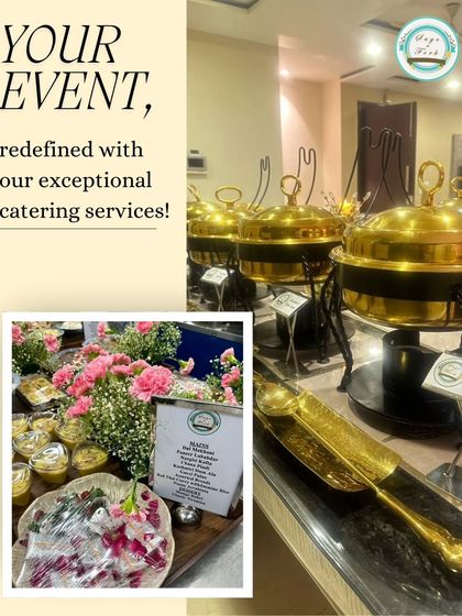 Your event, redefined with our exceptional catering. This image captures the beauty of our buffet service, where floral arrangements and elegant serveware complement the delicious food, creating a truly memorable dining experience.