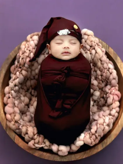 A tiny newborn, swaddled in a maroon wrap with a matching sleepy cap, rests in a wooden bowl on a bed of chunky yarn.