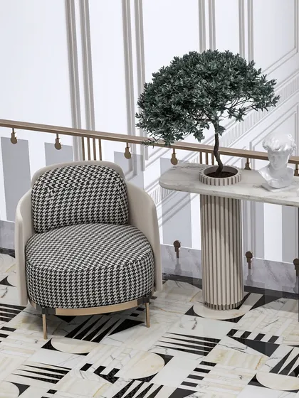 A close-up of the houndstooth chair and fluted console, showcasing the high-fidelity rendering of textures and forms.