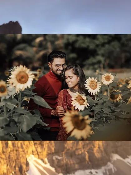 A warm, sun-kissed pre-wedding photo of a couple surrounded by a field of sunflowers, creating a vibrant and joyful atmosphere.