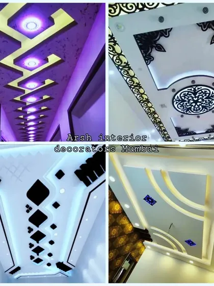 A collection of elegant false ceiling designs for the modern home, featuring clean lines, dark accents, and intricate 'jaali' work.
