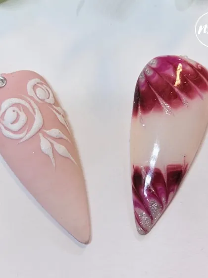 A side-by-side comparison of two beautiful techniques: 3D embossed roses on a matte base and a stunning marble ink design.